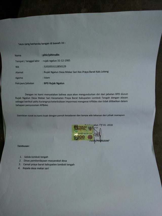 Surat pengunduran diri perangkat desa
